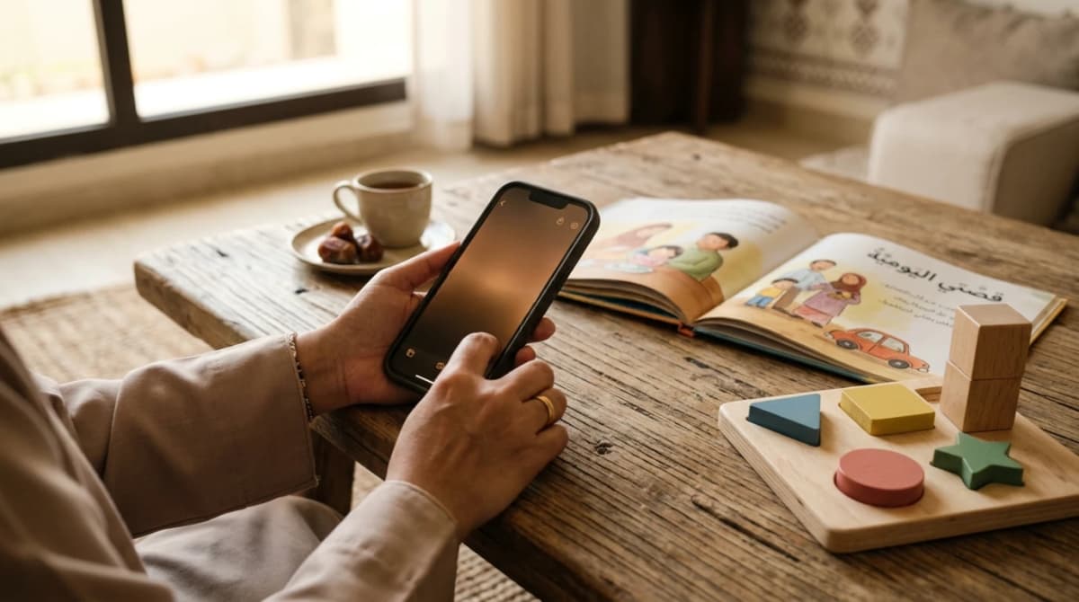ولي أمر يتصفح متجر ألعاب الأطفال على الهاتف بجوار كتاب وألعاب تعليمية